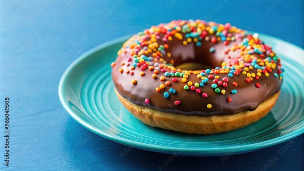 Close-up of a chocolate covered donut with colorful sprinkles on a blue plate, food, dessert, sweet, snack, indulgence, treat Close-up of a chocolate covered donut with colorful sprinkles on a blue plate, food, dessert, sweet, snack, indulgence, treat