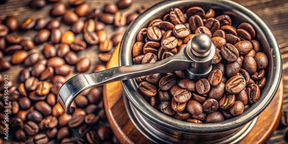 Fototapeta premium Coffee beans inside a coffee grinder on background, coffee beans, coffee grinder, isolated, background, beans, beverage