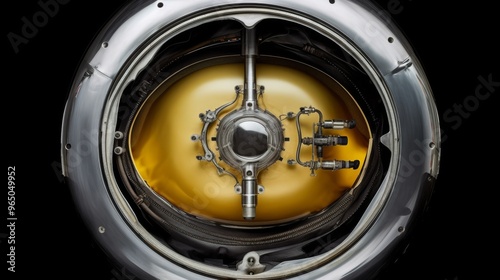 A close-up image of a high-tech mechanical component, possibly part of an engine or machinery, featuring intricate metalwork and tubes against a metallic and golden background.