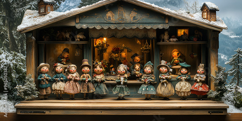  A charming dollhouse accompanied by a group of dolls, set against the stunning backdrop of a towering mountain.