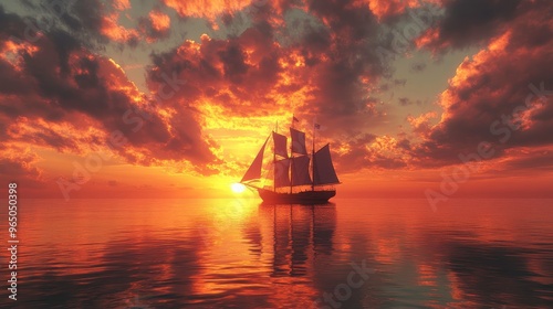 A distant ship sailing into a sunset, disappearing into the horizon, [farewell], [the unknown ahead]