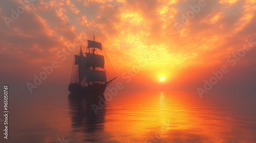 A distant ship sailing into a sunset, disappearing into the horizon, [farewell], [the unknown ahead]