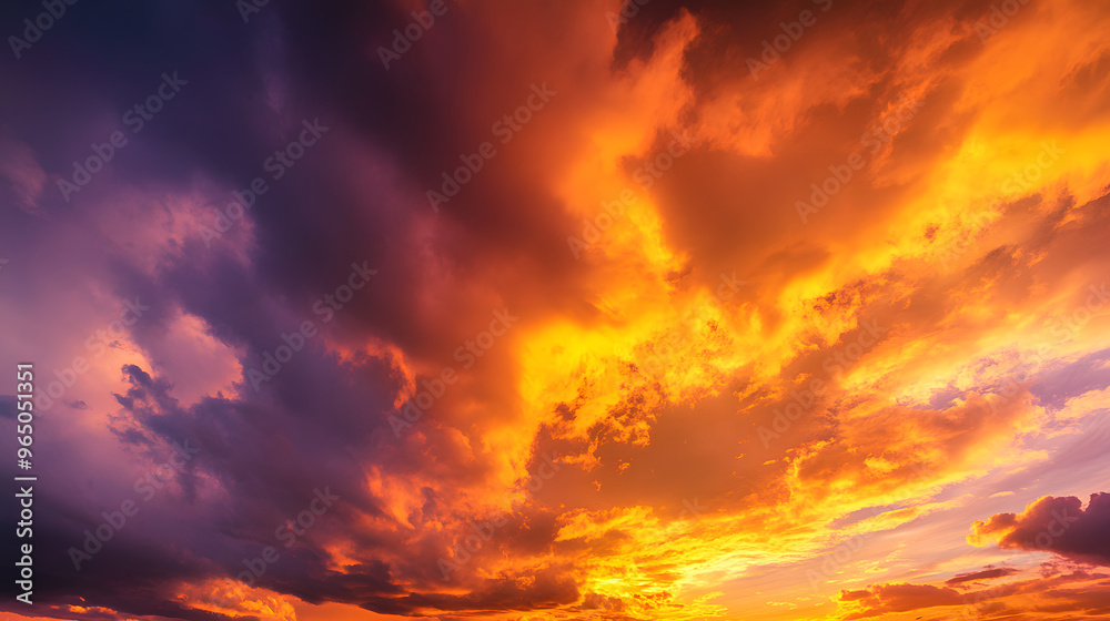 Vibrant golden clouds in a dramatic evening sky, deep hues of orange and purple highlight the glowing horizon Vibrant golden clouds in a dramatic evening sky, deep hues of orange and purple highlight the glowing horizon