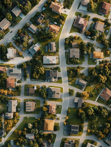 houses neighborhood aerial view streets rooftops greenery suburbia residential area urban landscape city planning community roadways homes street grid nature