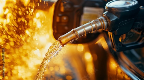 Fuel nozzle dispensing gasoline into a vehicle tank, with vibrant golden tones emphasizing the fluid dynamic effect of the pouring liquid.