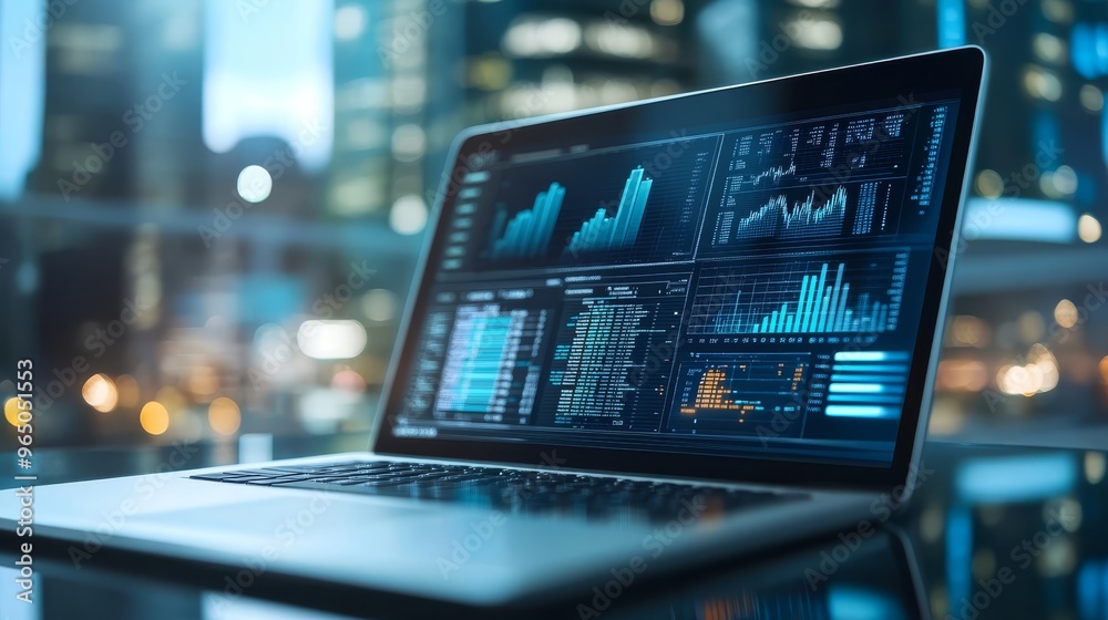 Laptop with Data Analytics Charts and Graphs on Screen in Modern Office Laptop with Data Analytics Charts and Graphs on Screen in Modern Office