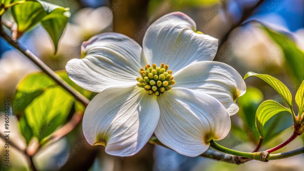 Fototapeta premium A delicate white flower with four petals unfurls on a sturdy brown tree branch, its intricate details accentuated