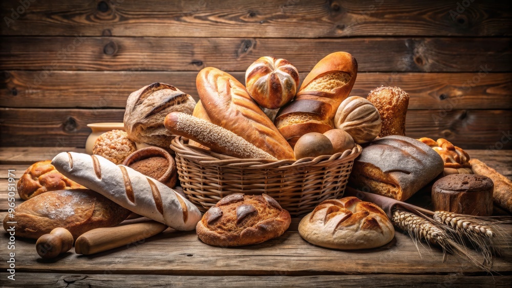 Assortment of freshly baked bread on a wooden table, breads, bakery, pastries, wheat, gluten-free, organic, artisan, rustic Assortment of freshly baked bread on a wooden table, breads, bakery, pastries, wheat, gluten-free, organic, artisan, rustic