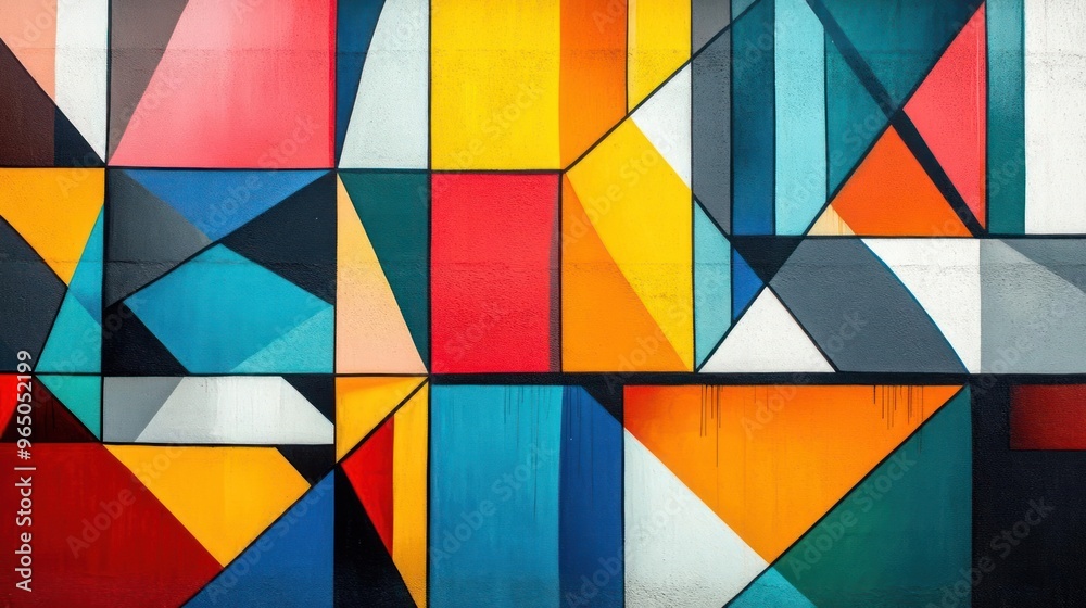 A vibrant, abstract painting adorning a wall with geometric shapes in bold colors.