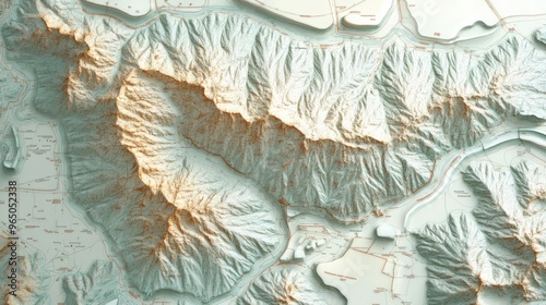 A detailed topographic map displaying mountainous terrain and rivers on a clean white background.