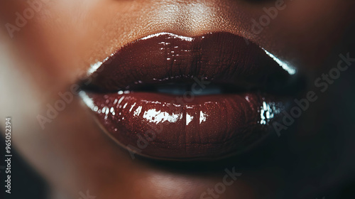 Close-up of full, glossy African lips, rich brown tone with vibrant lipstick, reflecting a soft light, set against a blurred background photo