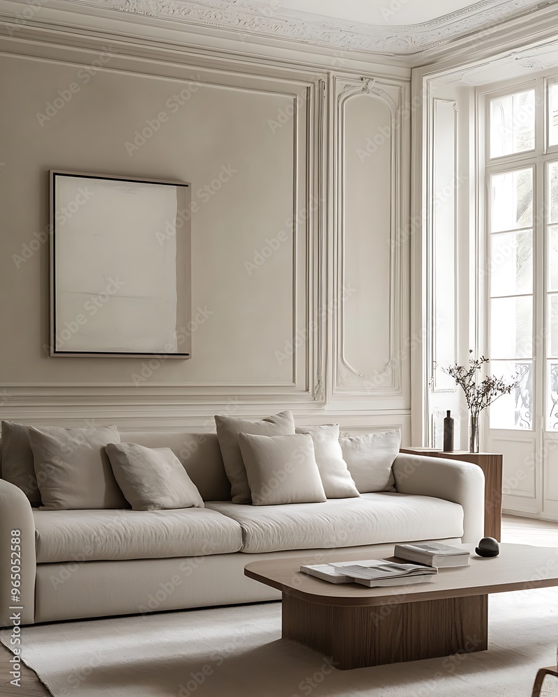Fototapeta premium Minimalist Living Room with Wall Molding, Sleek Sofa, and Neutral Decor for a Modern and Sophisticated Design