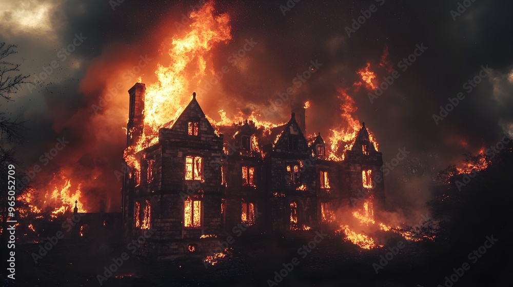 Grand historic house ablaze, fire licking the walls, smoke billowing upwards, a chilling scene with ash descending from the heavens Grand historic house ablaze, fire licking the walls, smoke billowing upwards, a chilling scene with ash descending from the heavens