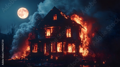 Haunted scene of a house on fire, the moon's glow cutting through smoke, intense flames illuminating the night, powerful insurance visual, surreal vibe