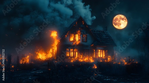 Haunted scene of a house on fire, the moon's glow cutting through smoke, intense flames illuminating the night, powerful insurance visual, surreal vibe