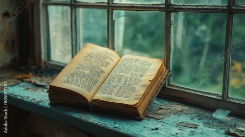 An abandoned book on a windowsill, pages turning in the wind, [forgotten stories], [knowledge lost to time]