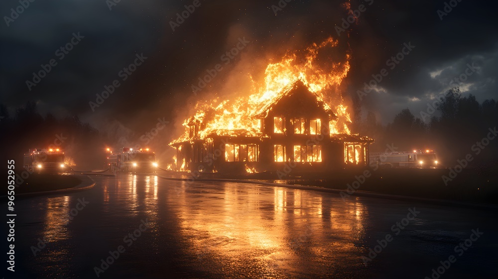 House on fire at night after a lightning strike, flames roaring high, fire trucks in the background, dark sky with heavy clouds, dramatic lighting, wide-angle shot, realistic style House on fire at night after a lightning strike, flames roaring high, fire trucks in the background, dark sky with heavy clouds, dramatic lighting, wide-angle shot, realistic style
