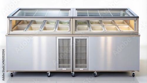 Double glass door chest freezer for storing a variety of frozen foods such as ice creams, meat, vegetables