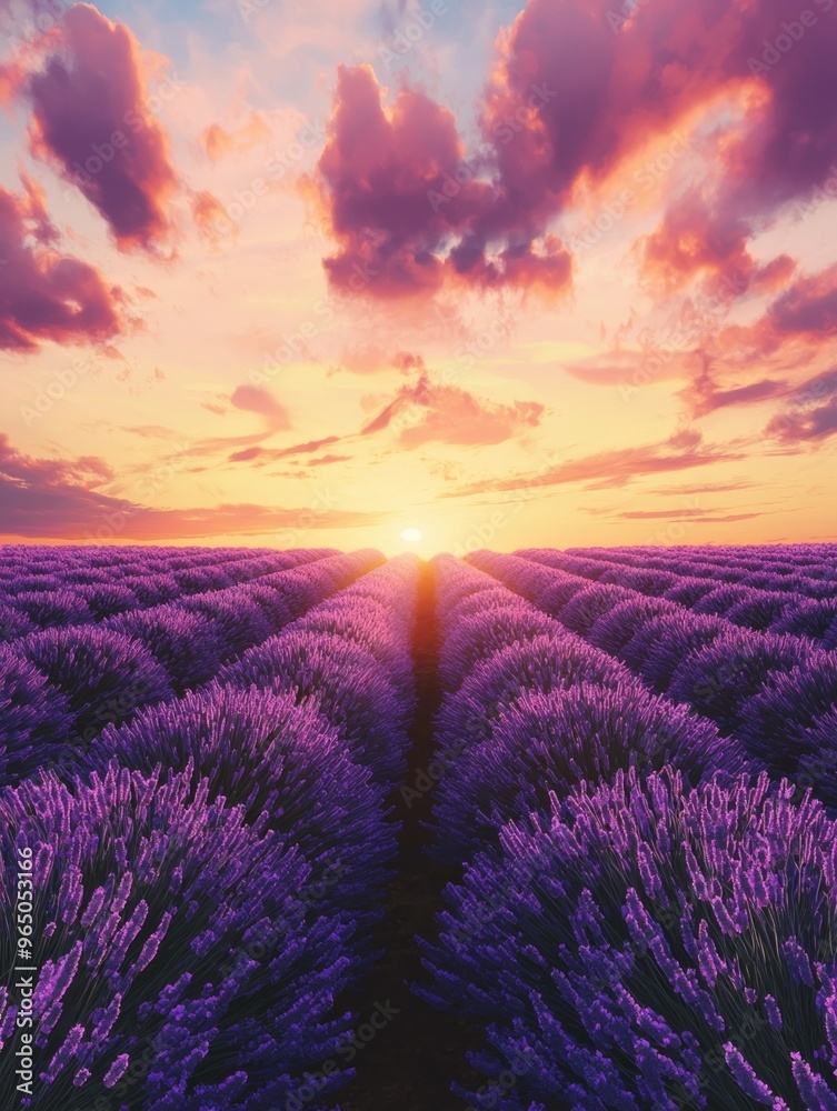 Breathtaking Lavender Field at Sunset with Radiant Sky and Glowing Horizon Breathtaking Lavender Field at Sunset with Radiant Sky and Glowing Horizon