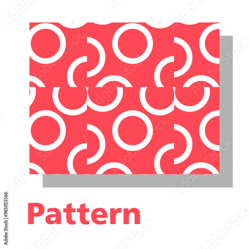 This design showcases a repeating pattern of white circular shapes with partial segments removed, arranged on a vibrant red background. 