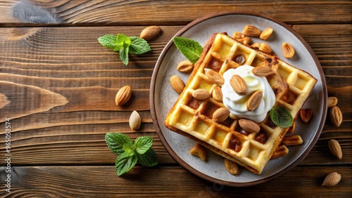 Breakfast belgian waffles with banana, yogurt, almonds, top view, breakfast, belgian waffles, banana, yogurt, almonds