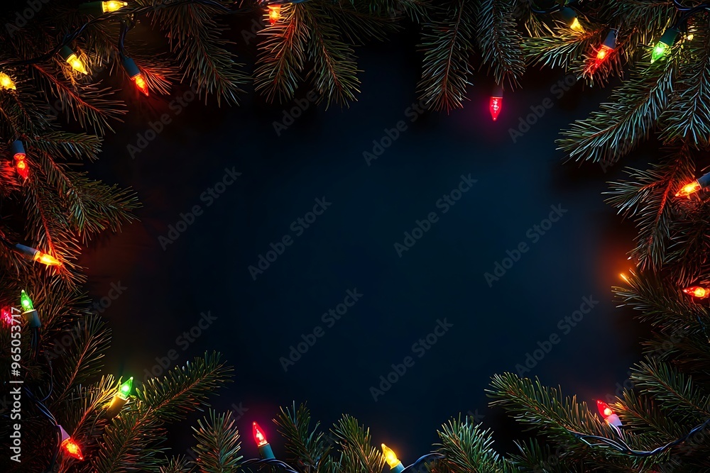 Christmas lights, green pine branches on a black background with colorful Christmas light decorations Christmas lights, green pine branches on a black background with colorful Christmas light decorations