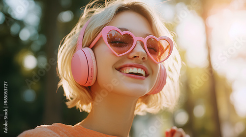 Portrait of a woman wearing heart shaped sunglasses