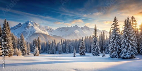 Snow-covered mountains and pine trees in a serene winter landscape, winter, landscape, snow, mountains, pine trees, cold, frost