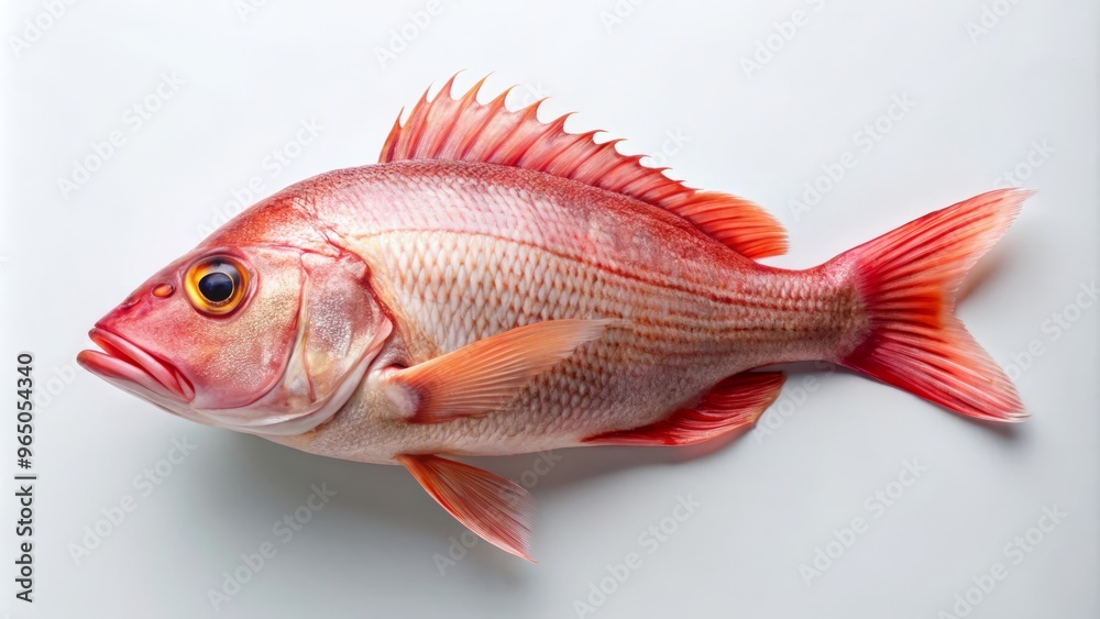 A majestic red snapper perches on a snow-white background, its rosy undertones adding depth to its arresting red
