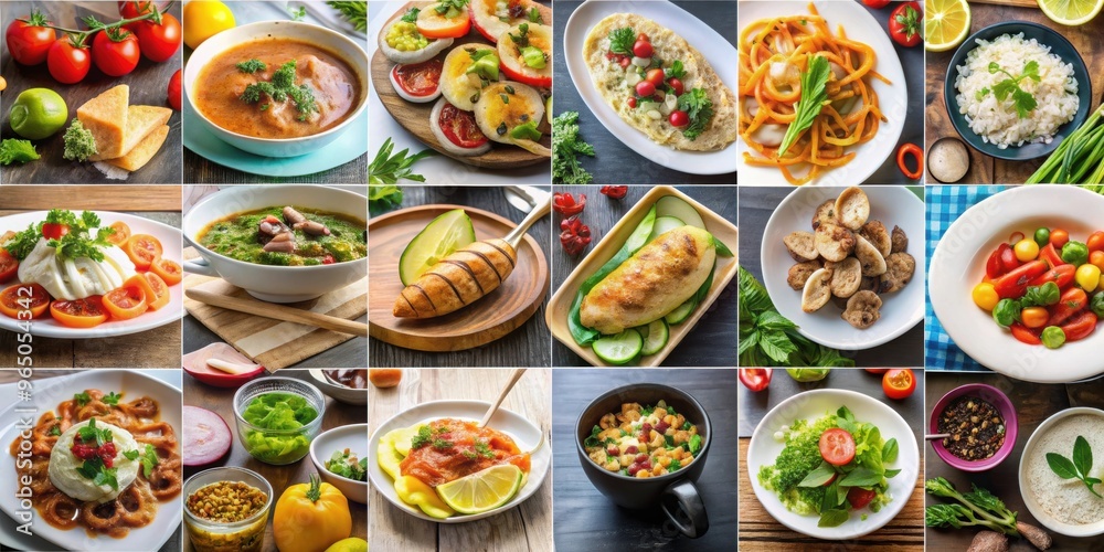 Collage of various dishes with food items close-up and from a top view , food, vegetables, chicken, collage, variety, top view
