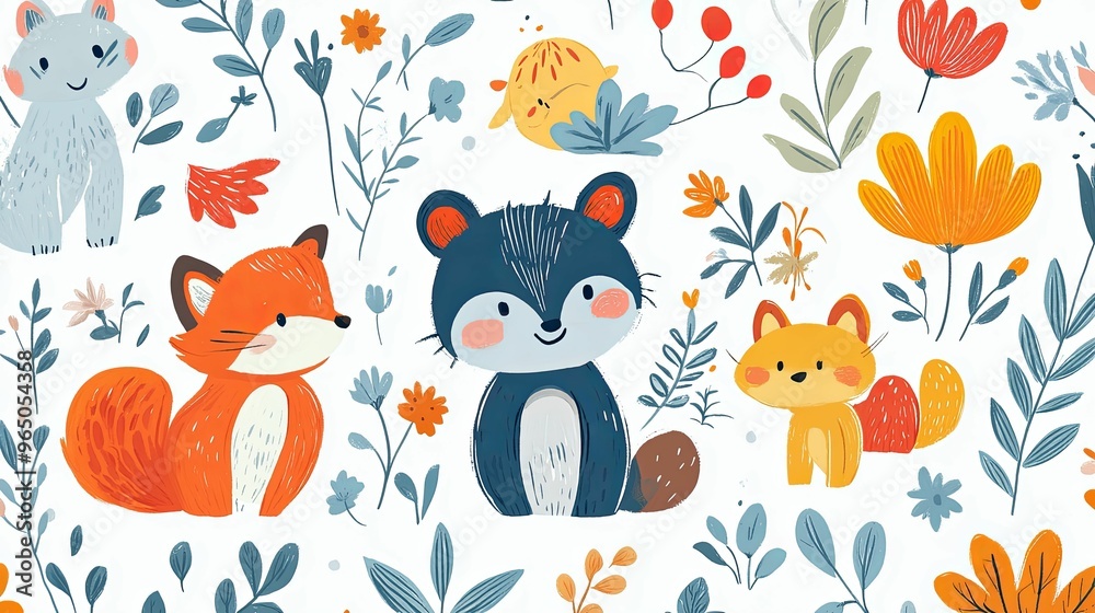 A Seamless Pattern with Cute Animals and Flowers A Seamless Pattern with Cute Animals and Flowers