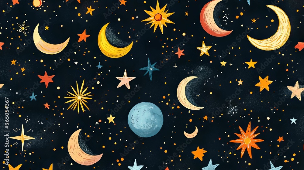 A whimsical night sky pattern with stars, moons, and planets. A whimsical night sky pattern with stars, moons, and planets.