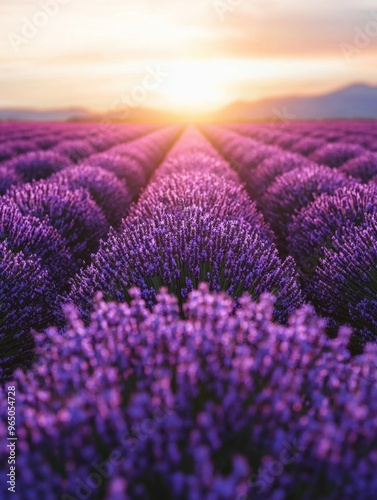 Tranquil Lavender Field at Sunset with Vibrant Purple Flowers and Serene Landscape