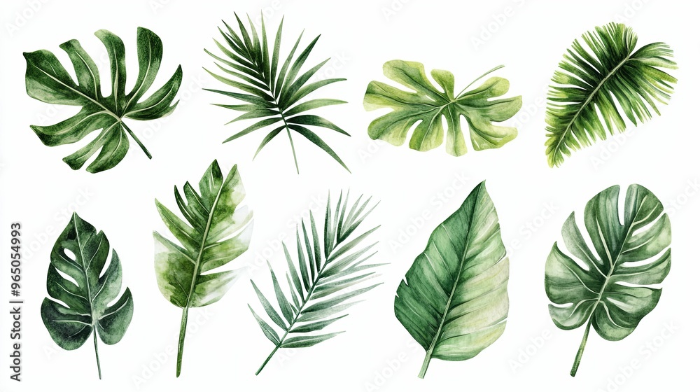 Watercolor Illustration of Various Tropical Leaves Watercolor Illustration of Various Tropical Leaves