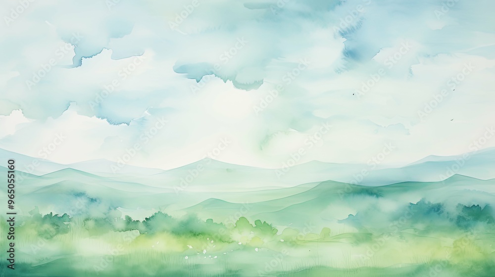 Watercolor Painting of a Misty Green Landscape with Hills and Clouds Watercolor Painting of a Misty Green Landscape with Hills and Clouds