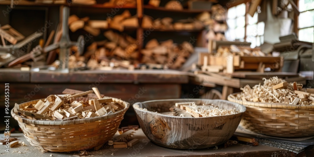 Baskets Filled with Sawdust and Wood Residues in a Locksmith's Workshop Woodworking Table Saw Arrangement Baskets Filled with Sawdust and Wood Residues in a Locksmith's Workshop Woodworking Table Saw Arrangement