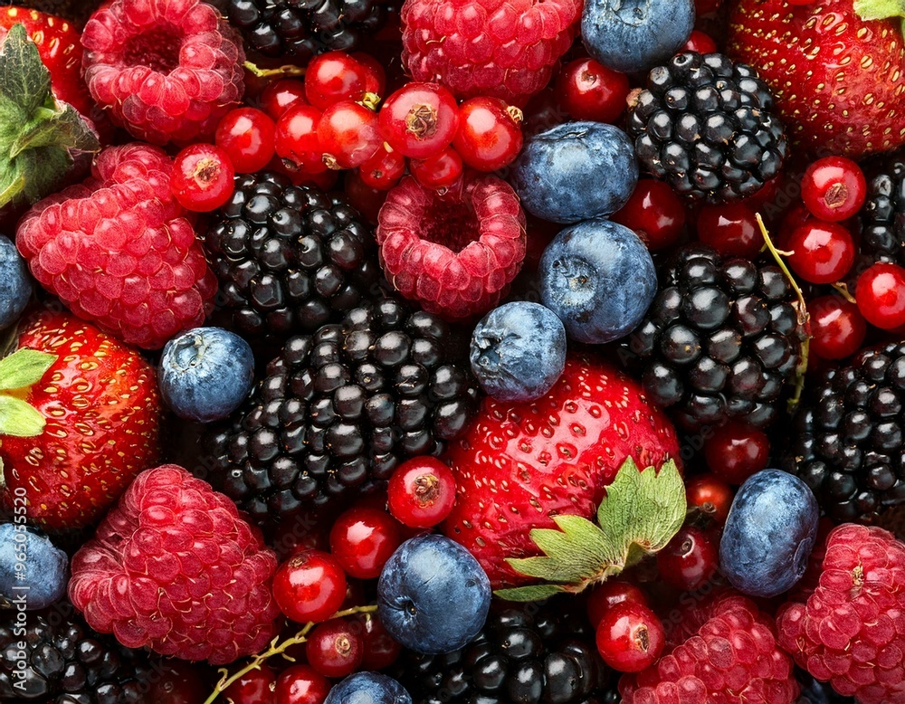 A top-view of a bowl filled with a healthy, fresh berry fruit assortment on a white table. The vibrant mix includes strawberries, blueberries, raspberries, blackberries, and red currants. A top-view of a bowl filled with a healthy, fresh berry fruit assortment on a white table. The vibrant mix includes strawberries, blueberries, raspberries, blackberries, and red currants.