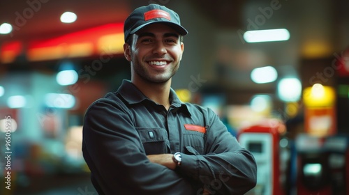 A smiling worker in a uniform stands confidently with crossed arms, illuminated by bright lights in what appears to be a busy workplace.