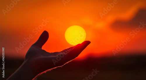 a hand try to hold the sun at sunset