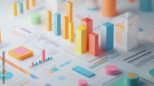 Colorful  D Bar Charts and Data Graphs on a White Background