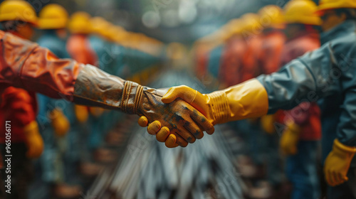 Workers in Protective Gear Shaking Hands in Factory