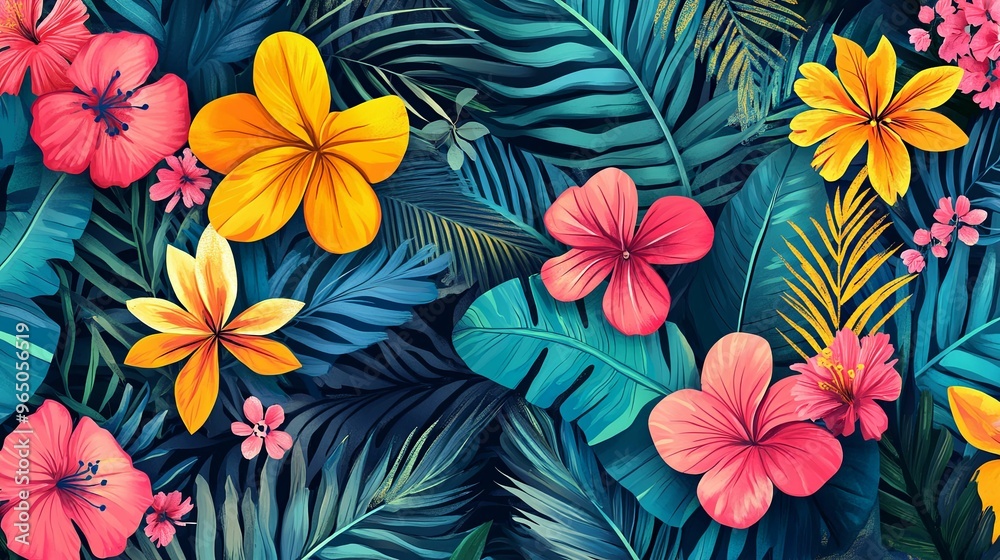 Vibrant Tropical Floral Pattern with Lush Green Foliage Vibrant Tropical Floral Pattern with Lush Green Foliage