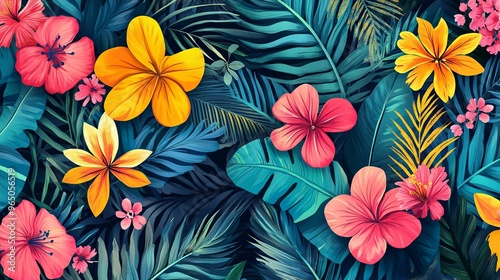 Vibrant Tropical Floral Pattern with Lush Green Foliage