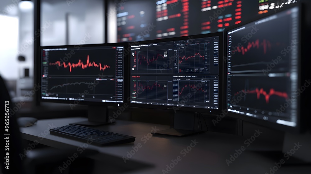 Multiple Computer Monitors Displaying Dynamic Data Visualizations and Graphs in a Modern Office Setting. Perfect for Representing High-Tech Financial Systems