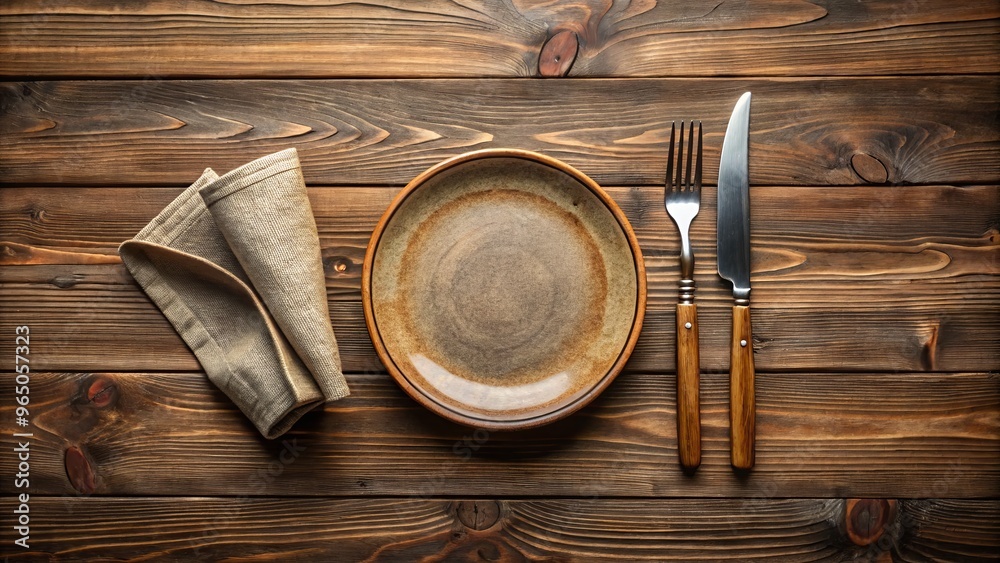 A rustic wooden table, weathered to perfection, supports a refined yet rustic setting, comprising a ceramic plate, A rustic wooden table, weathered to perfection, supports a refined yet rustic setting, comprising a ceramic plate,