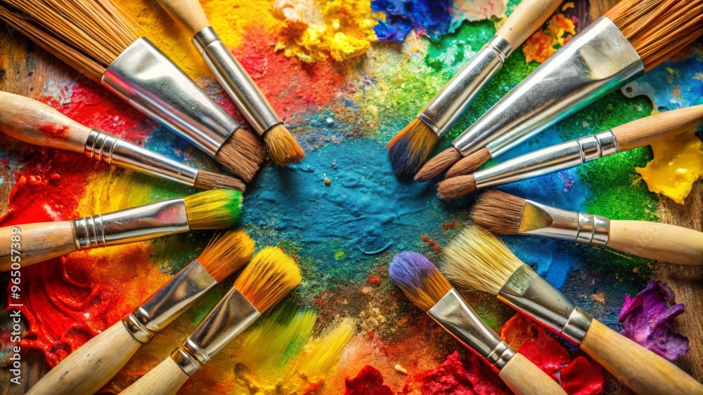 Fototapeta premium A selection of paint brushes, ranging from soft and delicate to stiff and bold, laid out across a