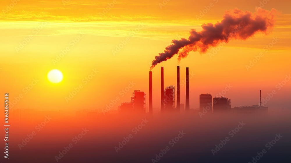 Fototapeta premium Urban Air Pollution Crisis, Heavy Smog Blanketing Cityscape with Copy Space for Text