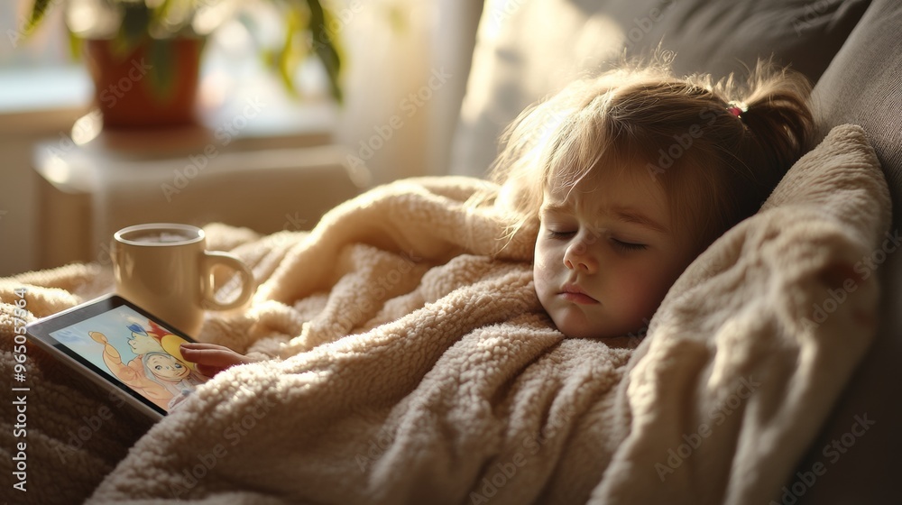 A young child peacefully sleeps on a couch, covered with a soft blanket, while a tablet and mug rest nearby in the morning light. A young child peacefully sleeps on a couch, covered with a soft blanket, while a tablet and mug rest nearby in the morning light.
