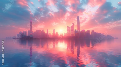 Silhouettes of skyscrapers reflecting in the water at sunset.