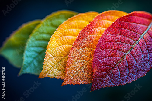 Closeup of colorful leaves changing colors in fall.